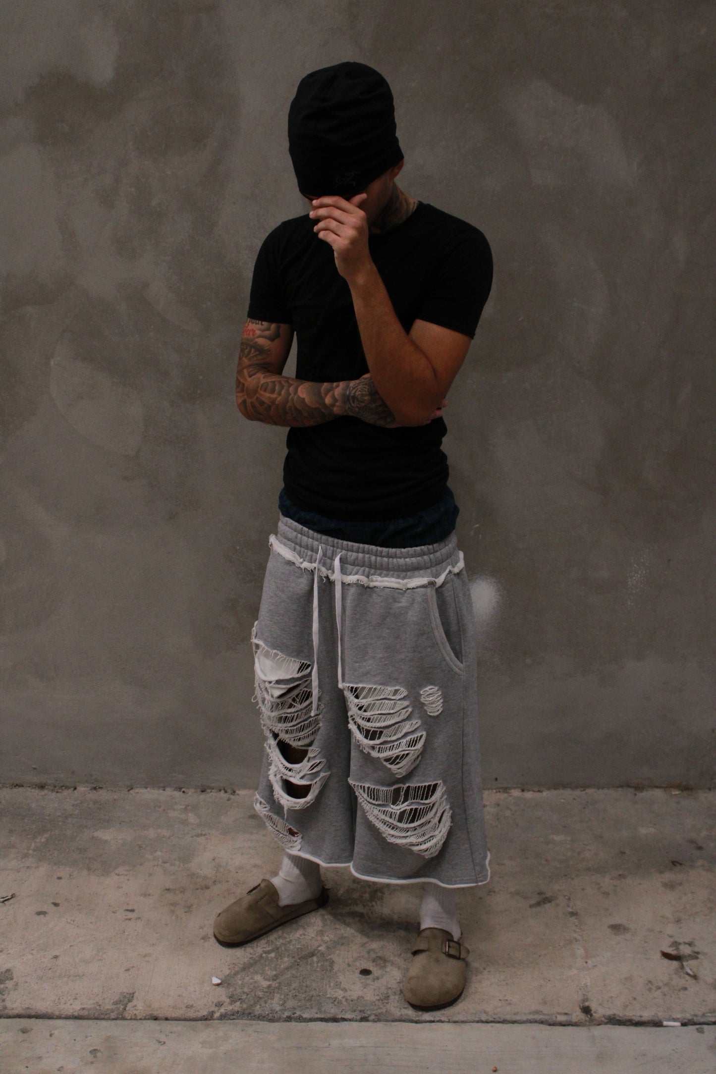 mega distressed sweatshorts