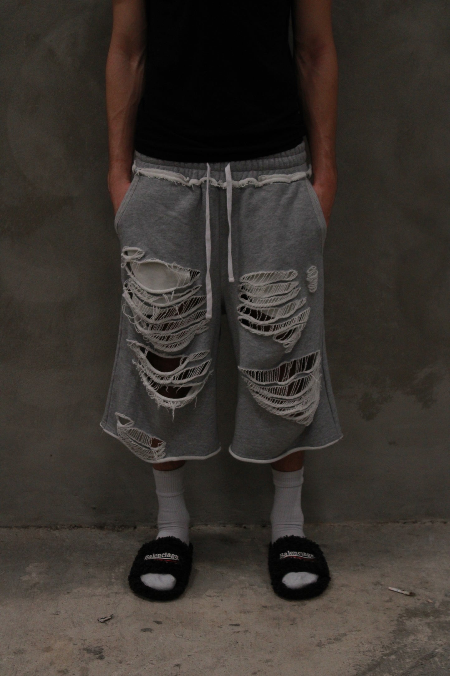 mega distressed sweatshorts